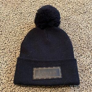 NWT Pom Pom Black Hat with Leather Love Patch